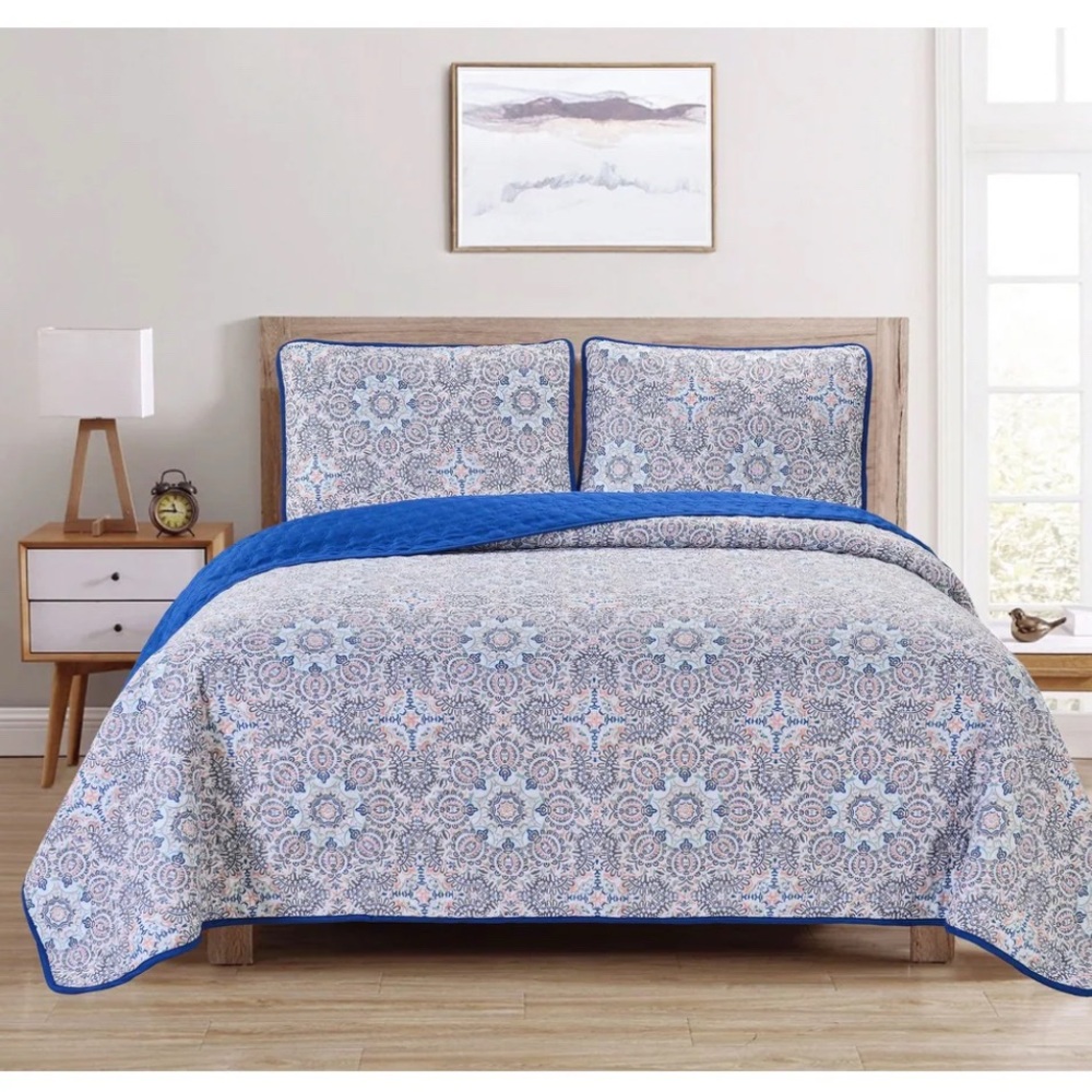 Dan River Reversible Printed Quilt Set (3 Piece) - Full - Queen - Navy Damask